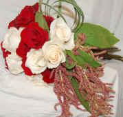 Hand Tied Bouquet of Red and White Roses with Amaranths